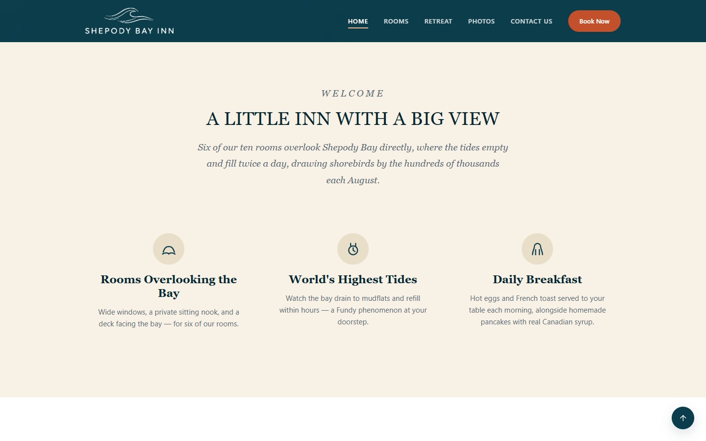 The new homepage further down: a welcome heading, one paragraph about the bay, and three features with icons, rooms, tides and daily breakfast.