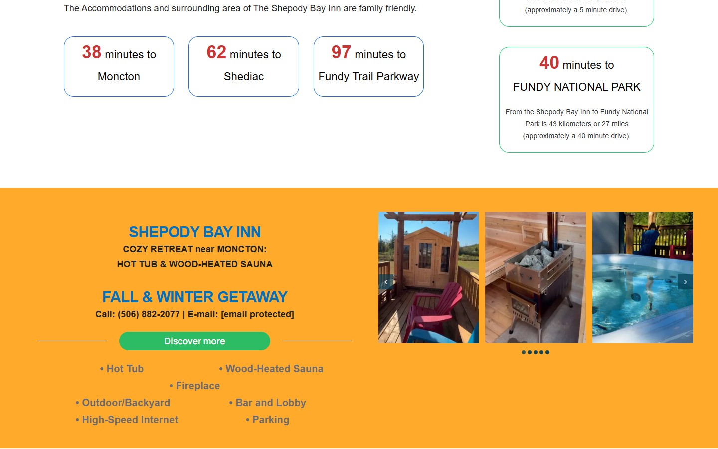 The old homepage further down: drive-time boxes to Moncton, Shediac and the Fundy Trail, then an orange promotional band with a photo slider.