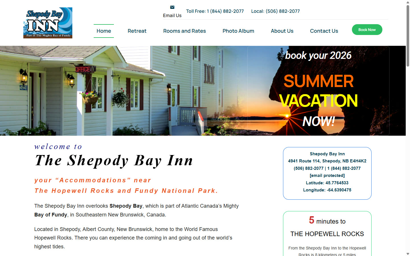 The old Shepody Bay Inn homepage on a desktop screen: a WordPress theme with a stacked header, a slider and a promotional overlay.