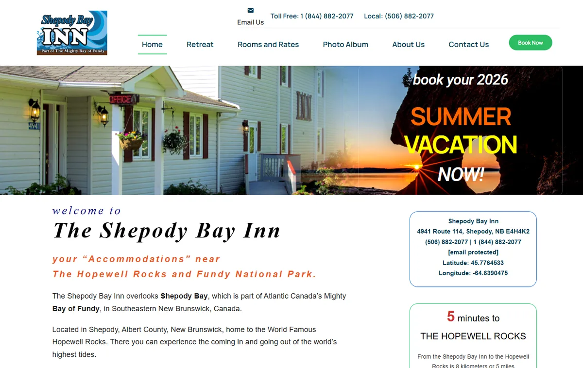 The Shepody Bay Inn homepage as it was in August 2026: a stacked WordPress header over a photo banner with a bright yellow and orange Summer Vacation promotional overlay.